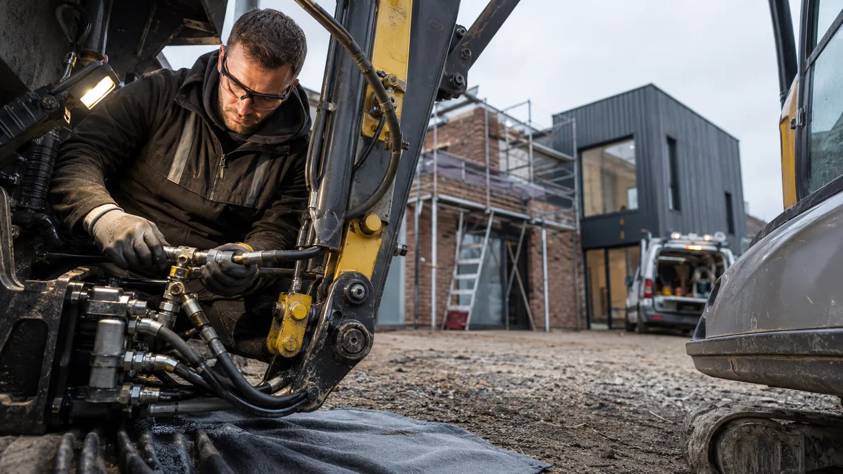 A mobile hose fitter crimping a hose beside a stopped machine in the UK
