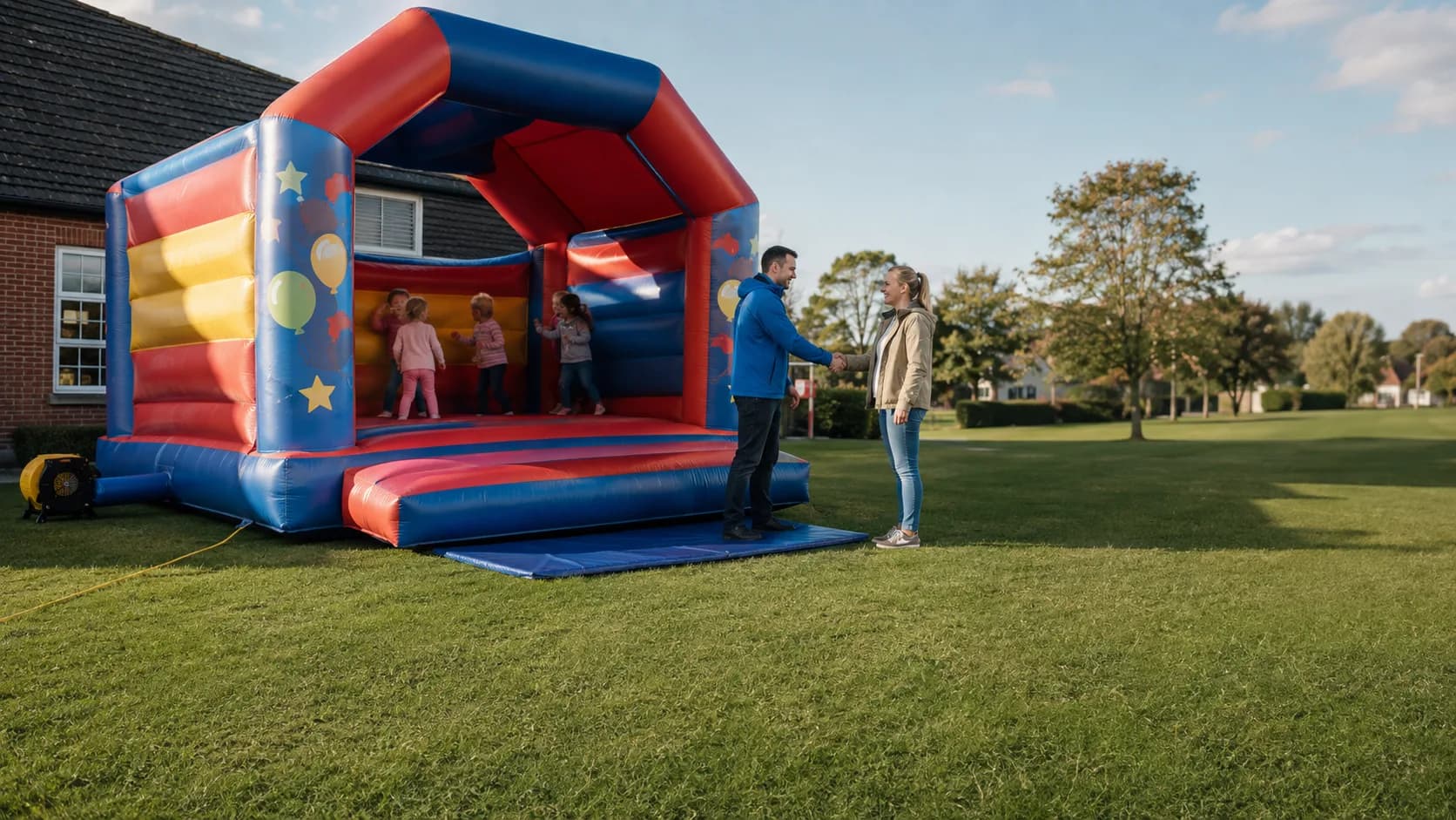Family greeting a bouncy castle operator at a park in the UK