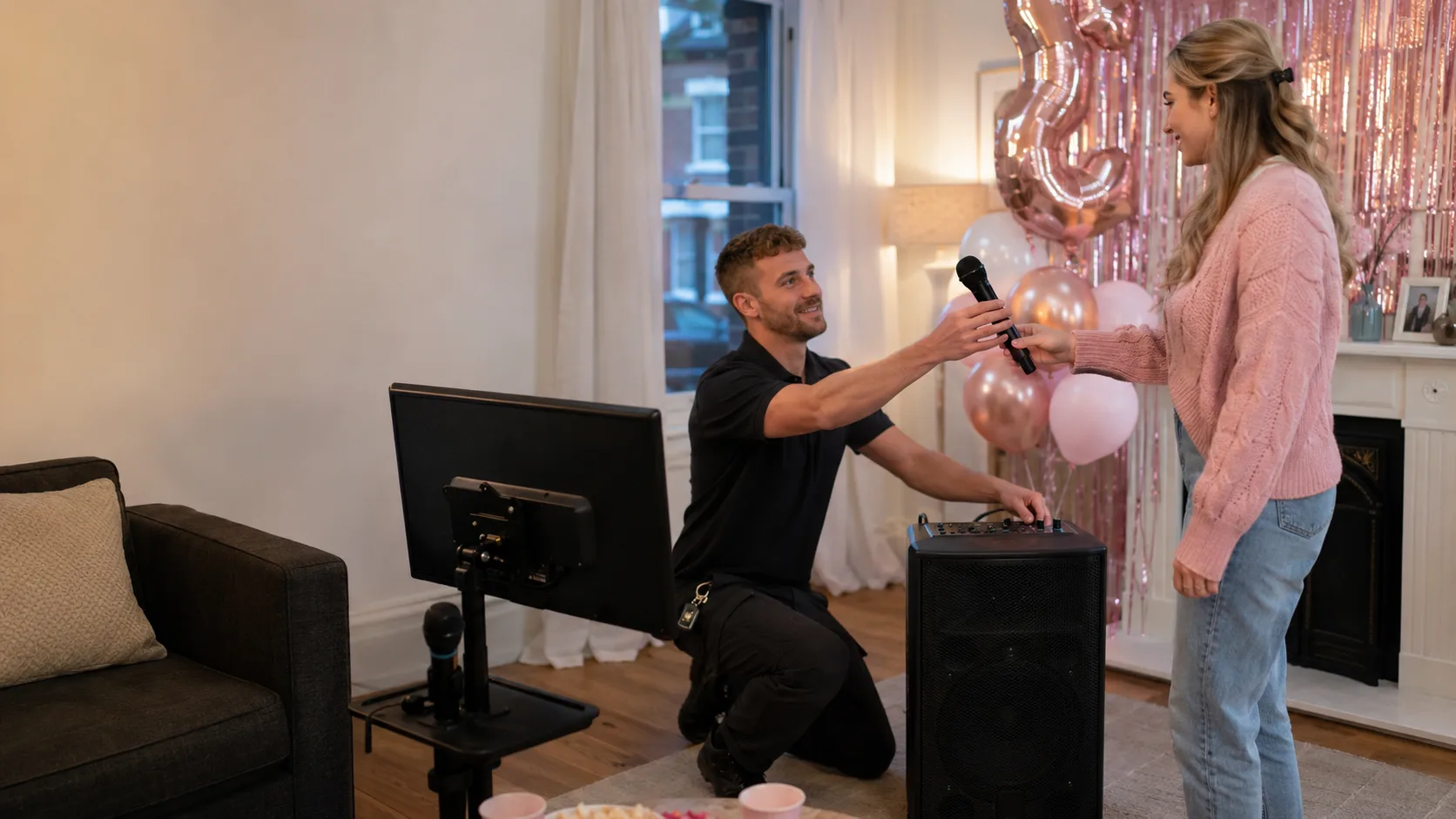 Operator demonstrating a microphone inside a decorated home in the UK