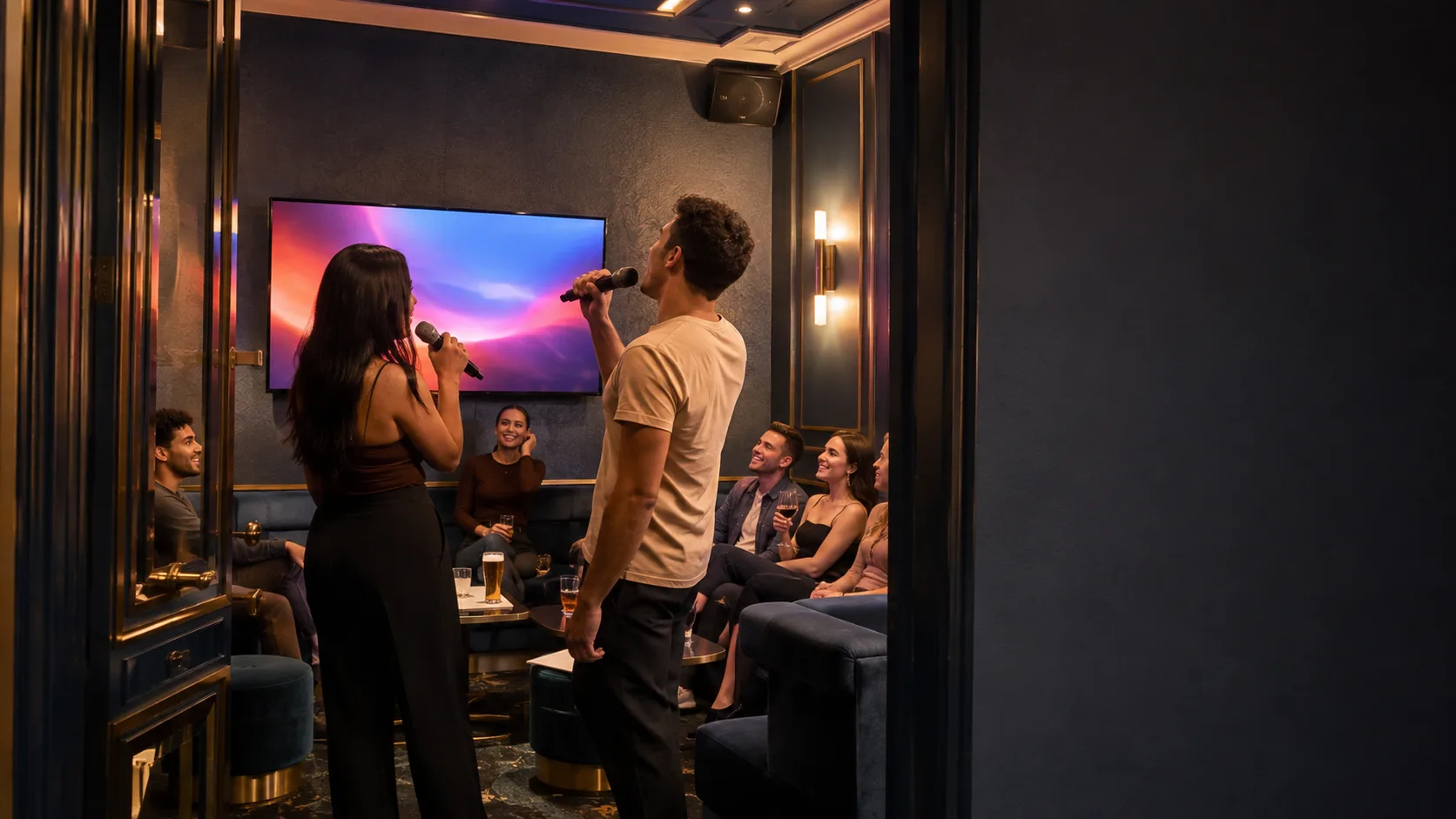 Friends sing beneath bright lights in a lively British karaoke room