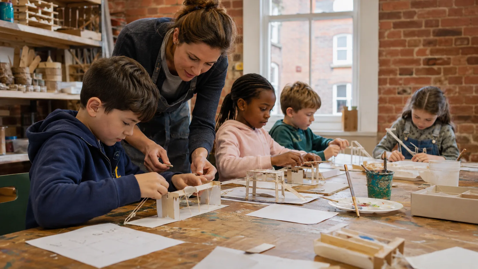 A teacher guides children through a lively hands-on activity class in the UK