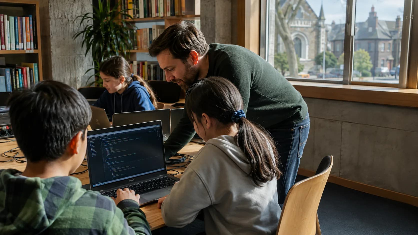 Tutor guiding a coding club in a community classroom in the UK