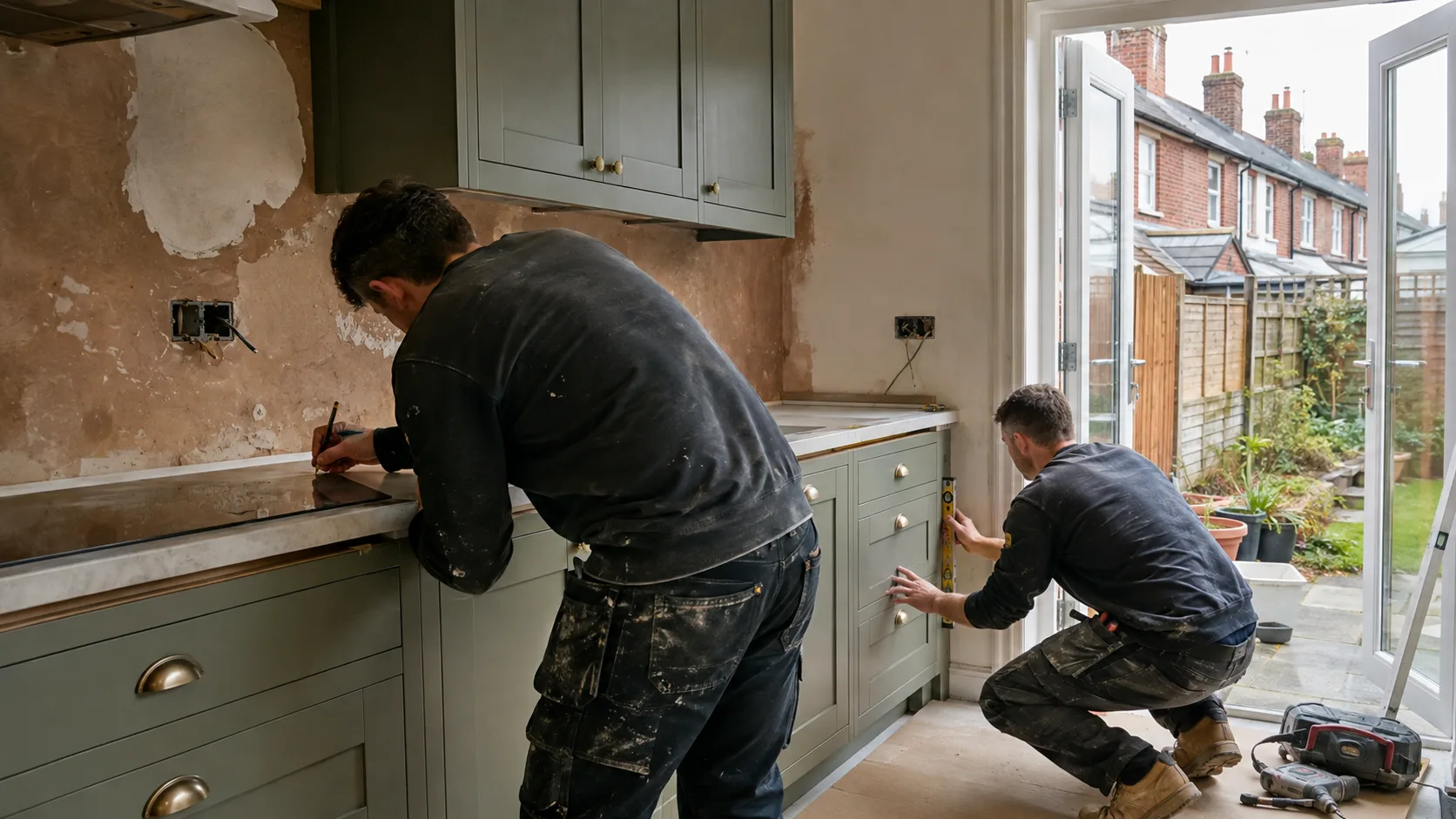 A fitter installing a bathroom in the UK