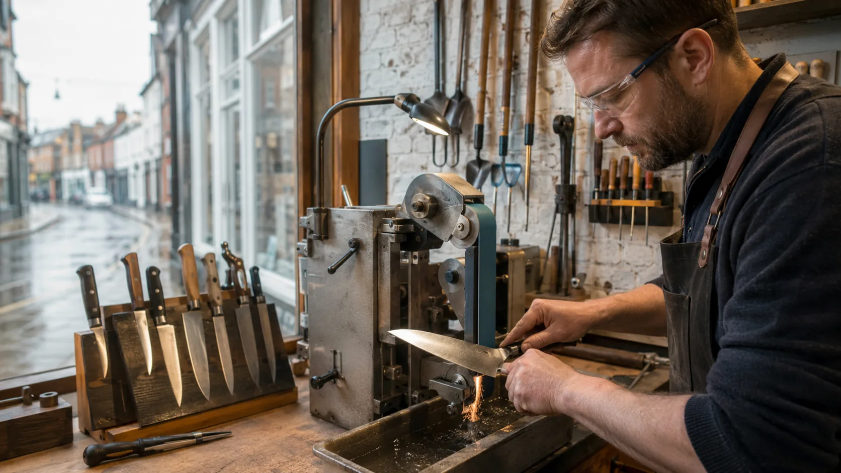 A mobile sharpener working a kitchen's knives on a bench in the UK