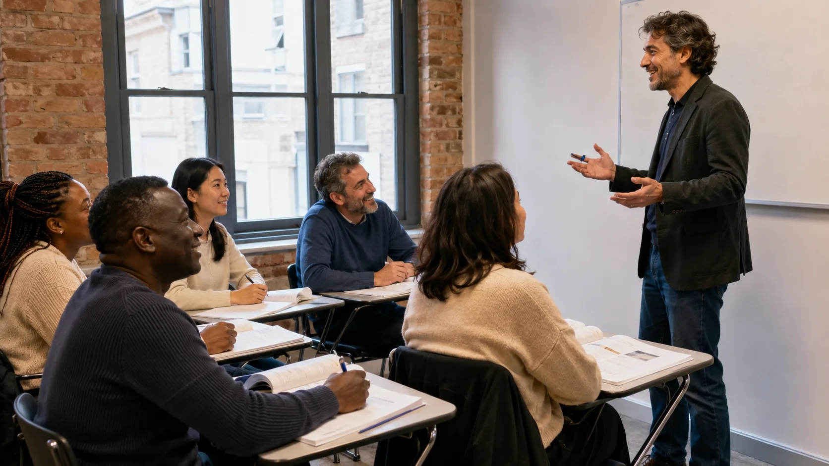 Tutor teaching a lively language class at a school in the UK