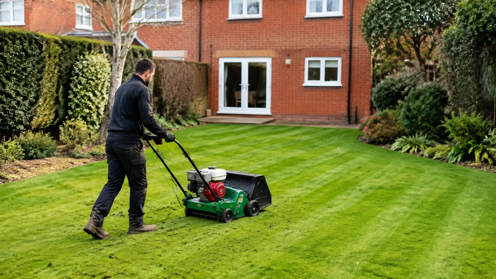 A technician scarifies a striped back lawn behind a red-brick British house
