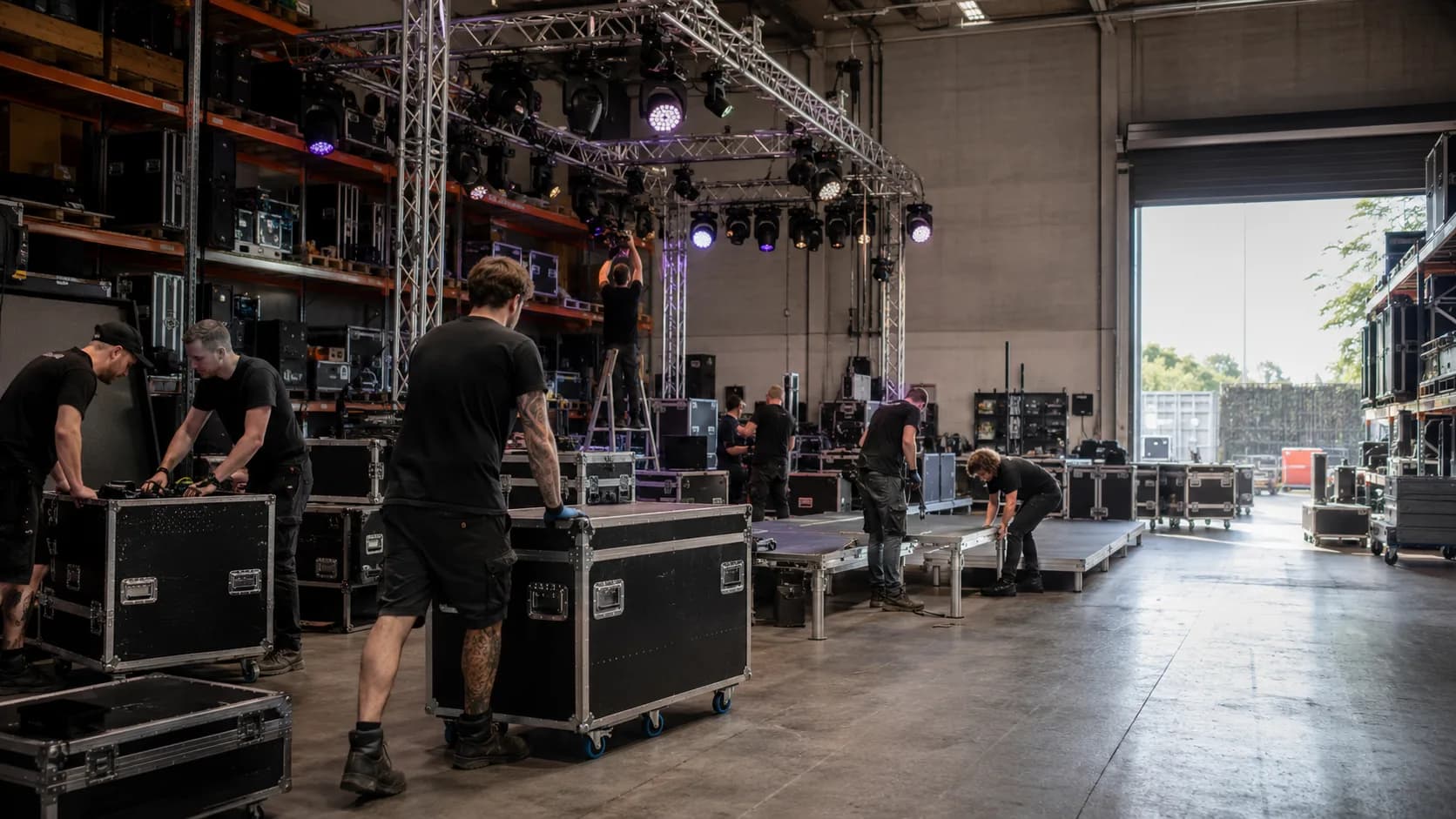 Customers collect booked lighting fixture, truss or stage deck from a busy counter in the UK