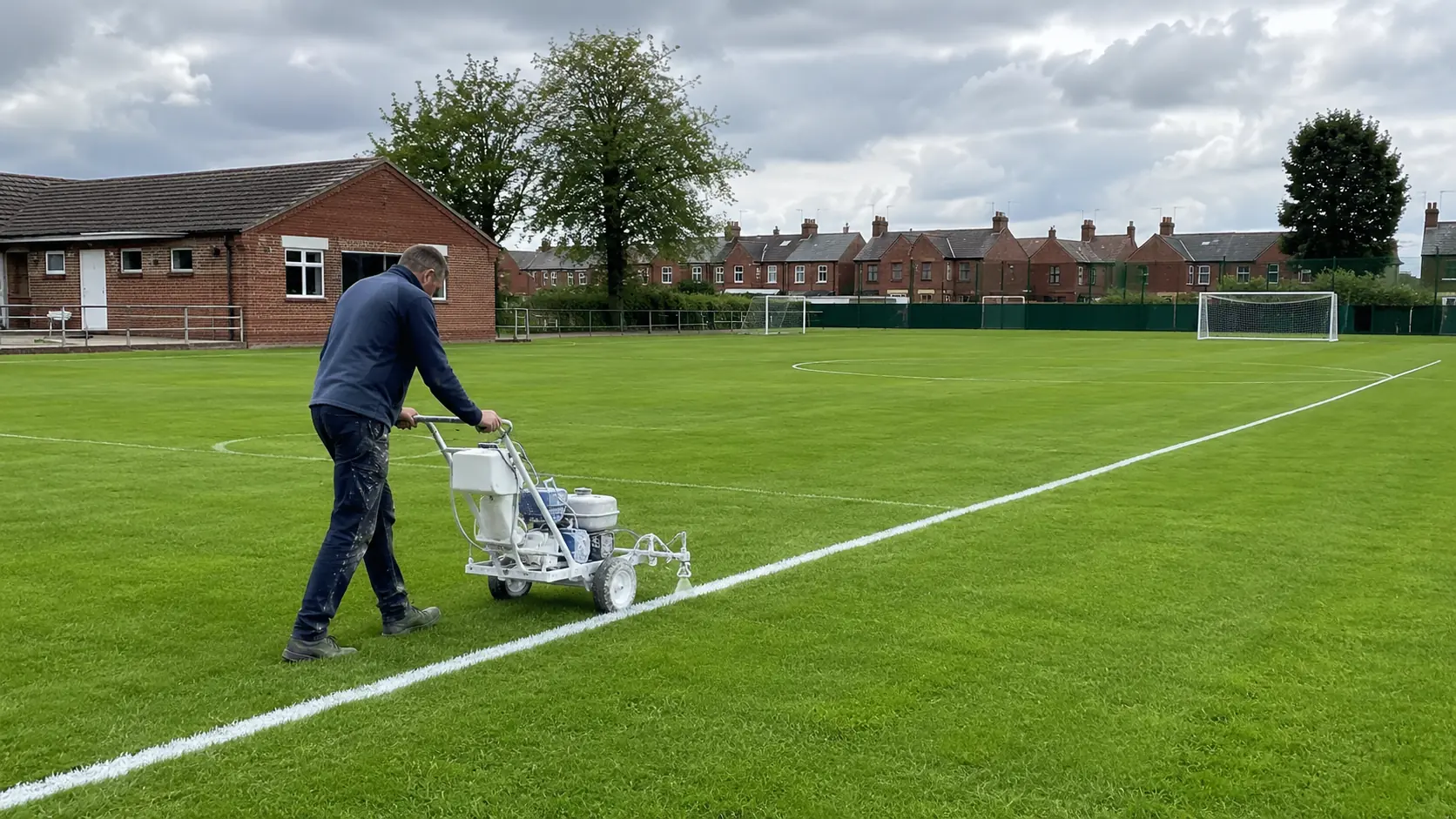 An operator marks out a pitch beside a British clubhouse and terraced houses