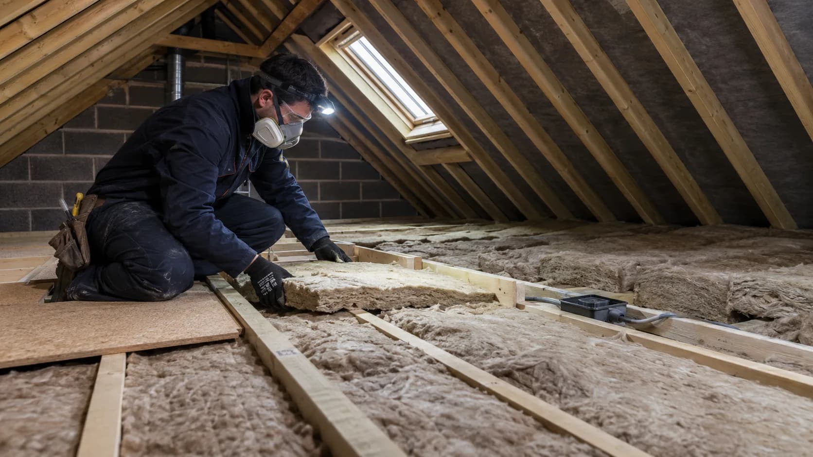 An insulation installer working in a roof space in the UK