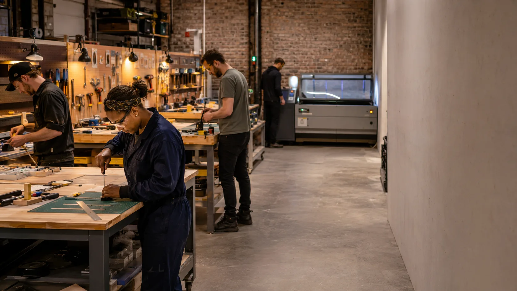 Members build projects beneath bright lights in a British workshop