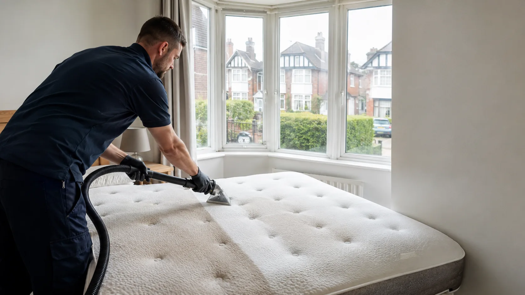 A technician deep-cleaning a mattress in a home in the UK