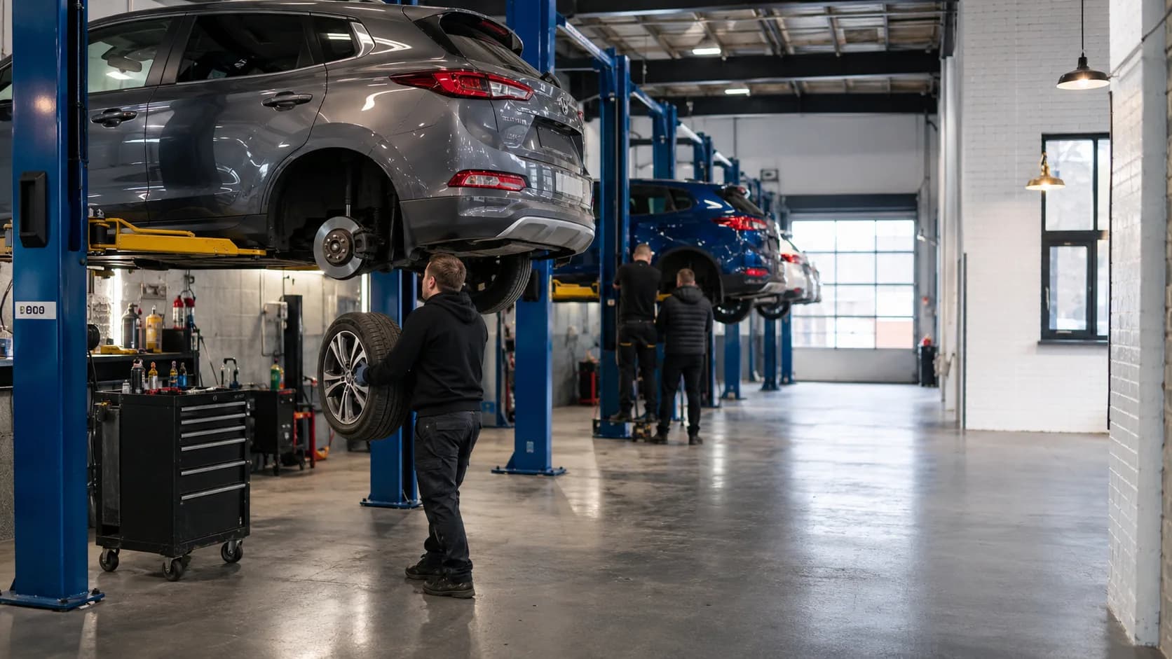 A mechanic works beneath a correctly raised car in a British garage