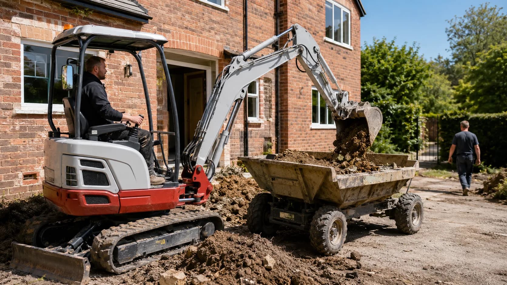Mini digger working beside a brick home renovation in the UK