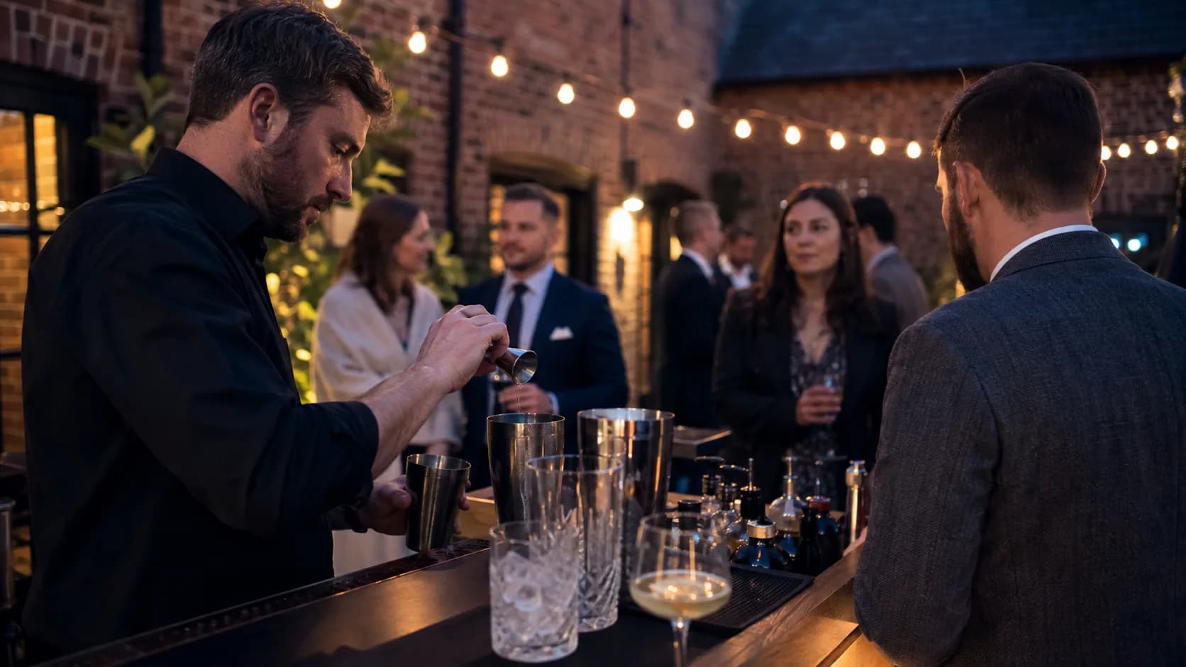 the UK mobile bartender measuring drinks in a brick courtyard reception