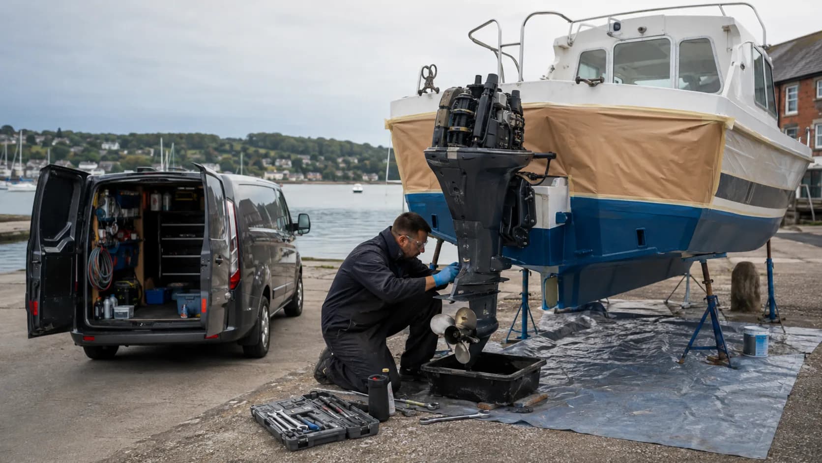 A marine mechanic servicing an engine at a marina berth in the UK