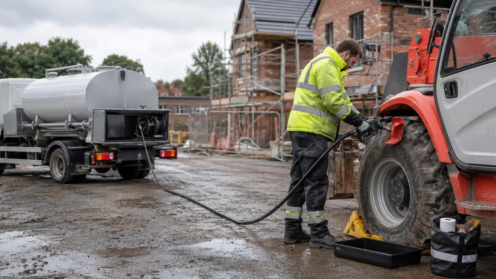A tanker refuelling a telehandler on a wet site beside a building under scaffold