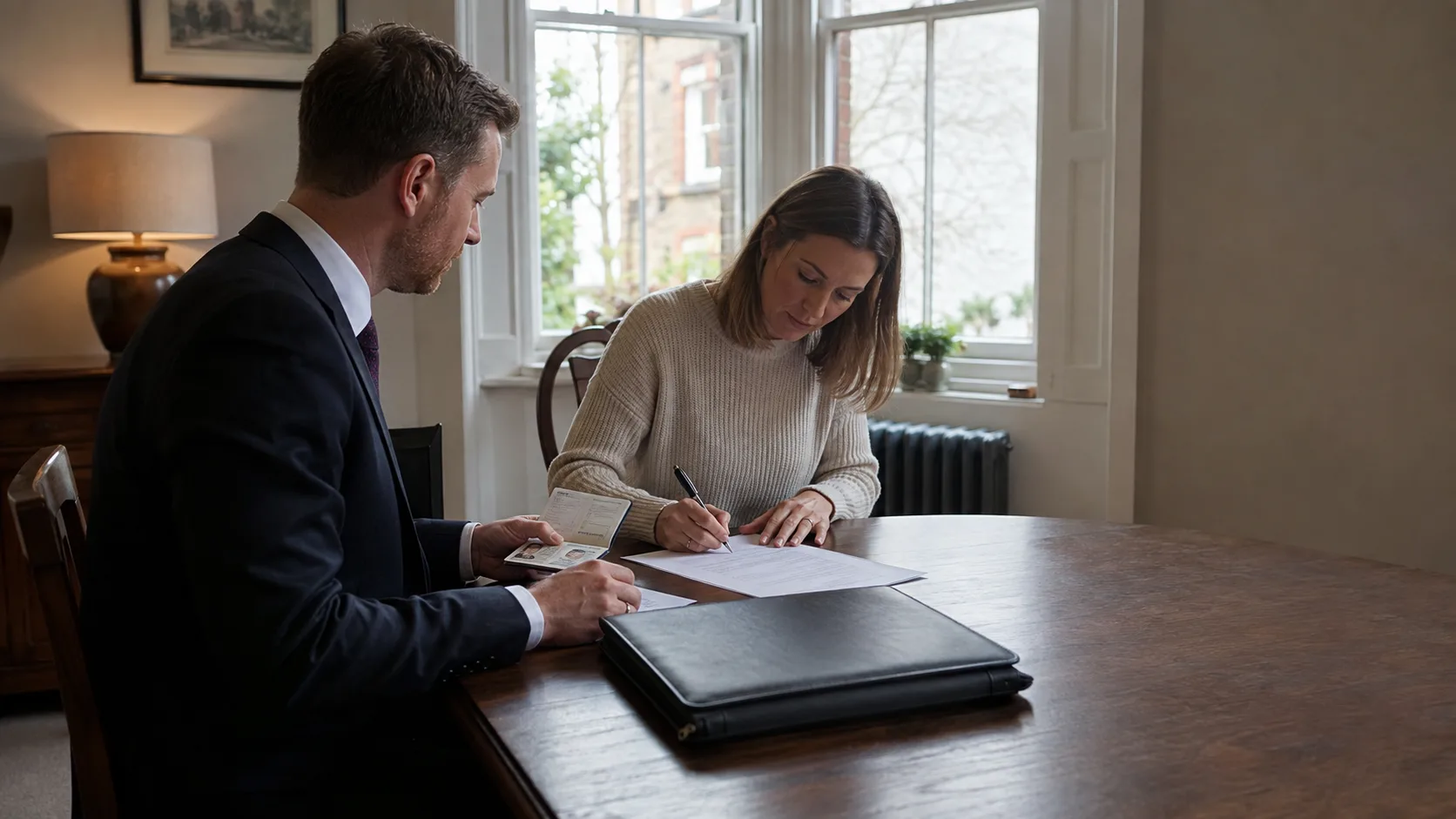 A notary in a suit witnesses a signature at a table in a British home