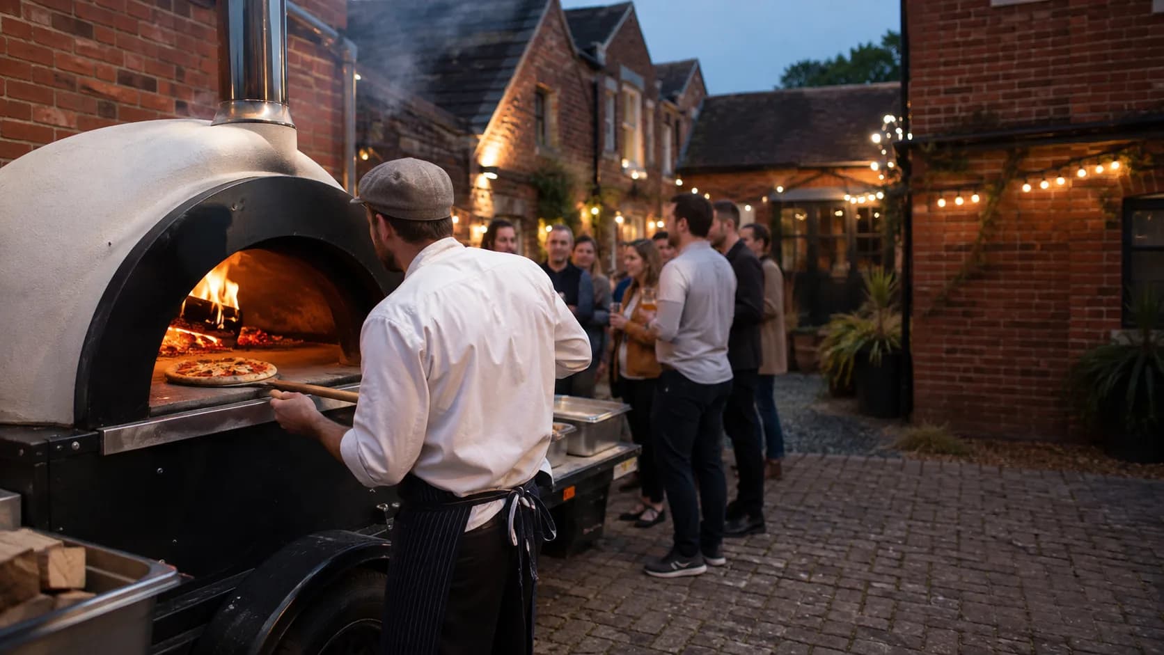 the UK mobile pizza trailer serving an evening brick courtyard party