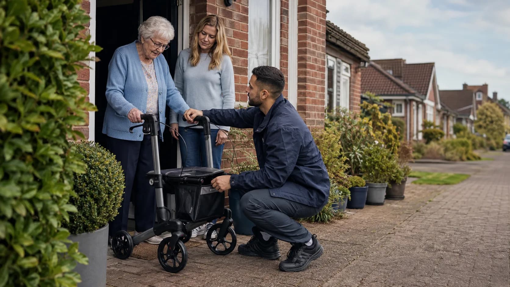 Operator adjusting a rollator outside a brick home in the UK