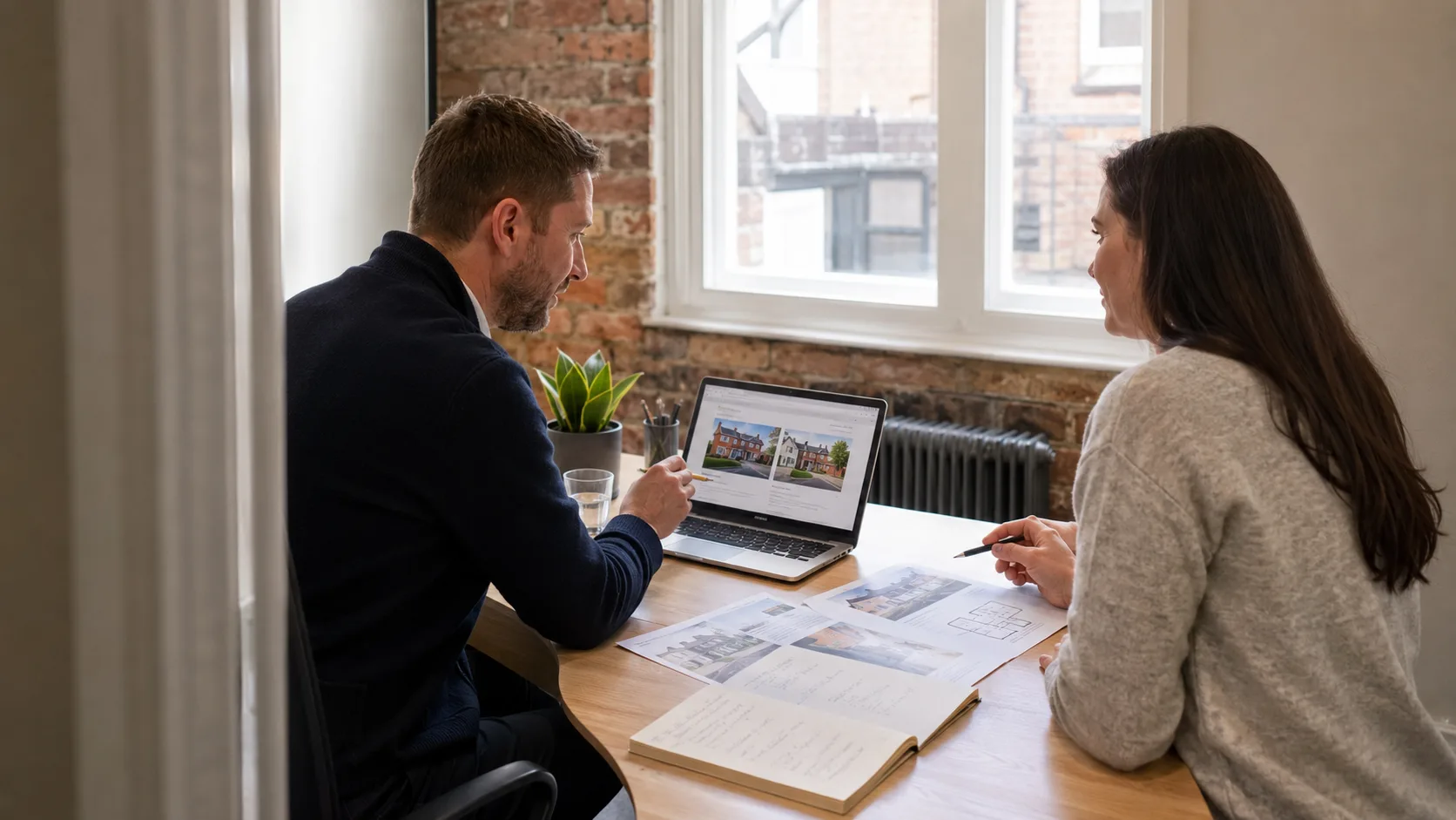 A mortgage broker compares lending scenarios with a buyer in the UK