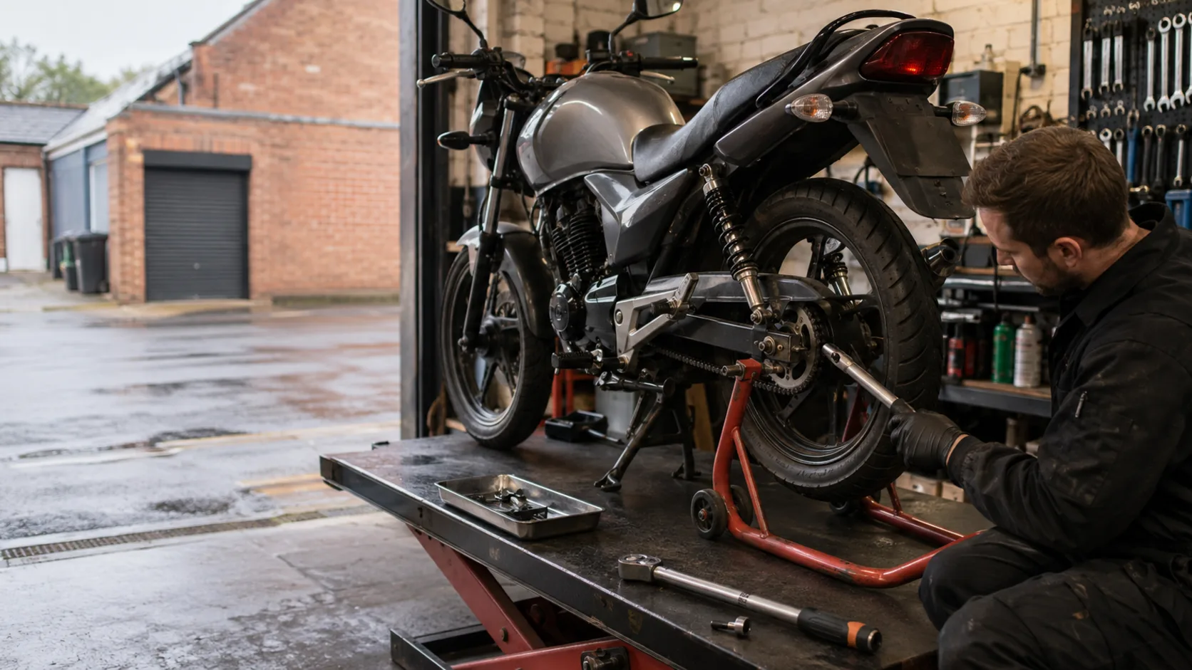 A mechanic working on a motorcycle in a workshop in the UK