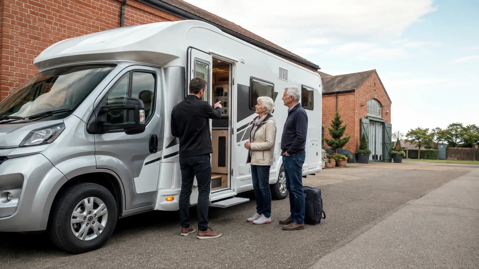 Couple touring a motorhome with an operator at a depot in the UK
