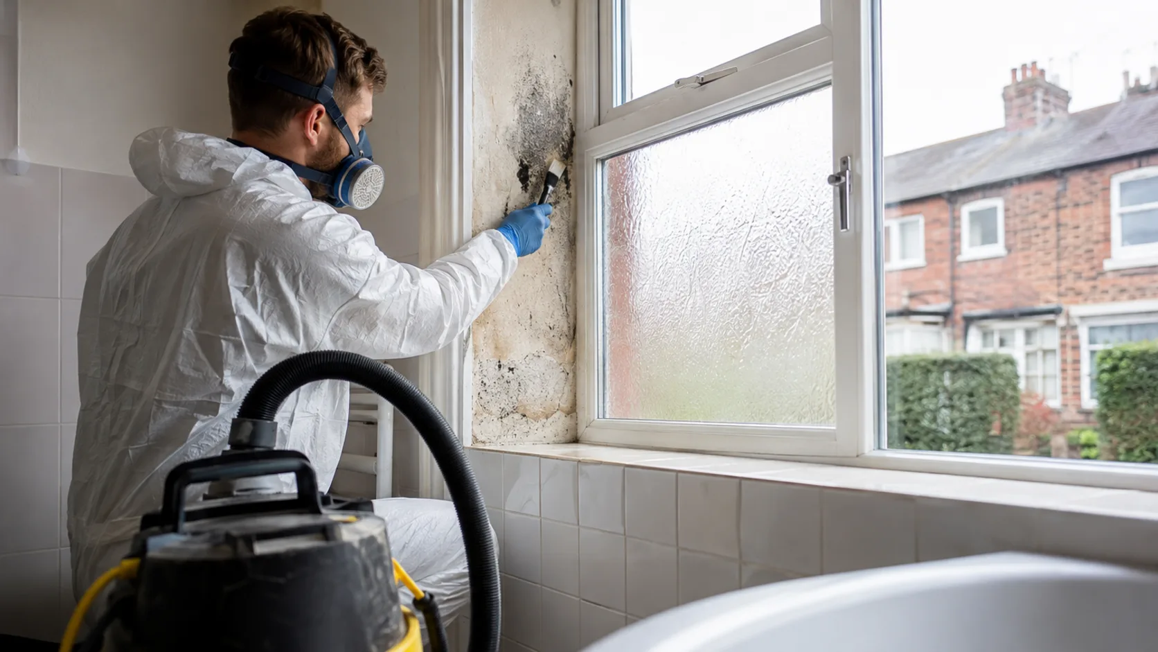 A specialist in protective gear treating a bedroom ceiling in a house in the UK