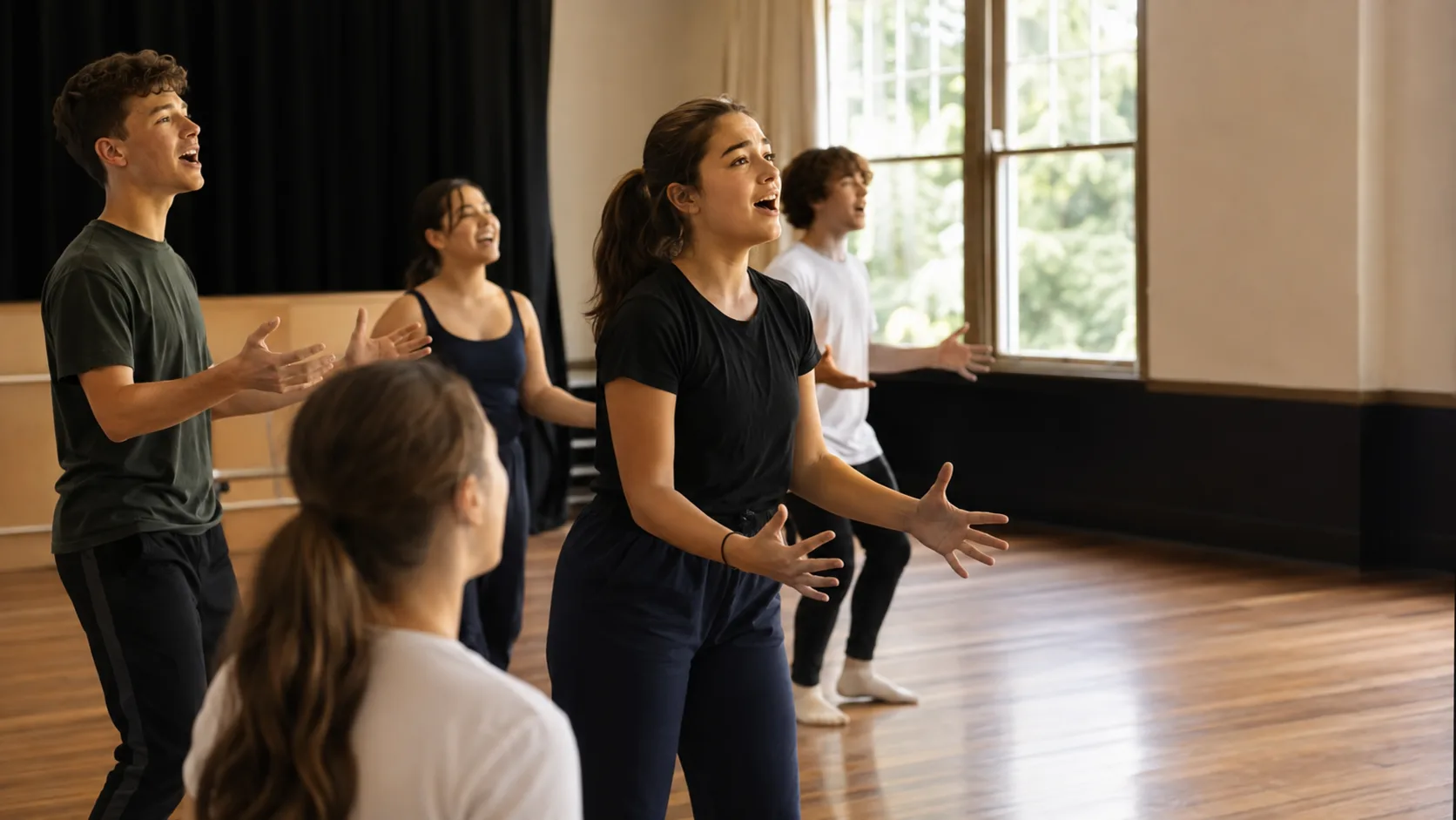 Musical theatre class staging a scene in a rehearsal room in the UK