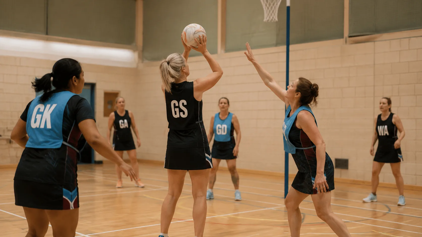 A sports hall netball court at a UK leisure centre, marked out and lit for evening league training