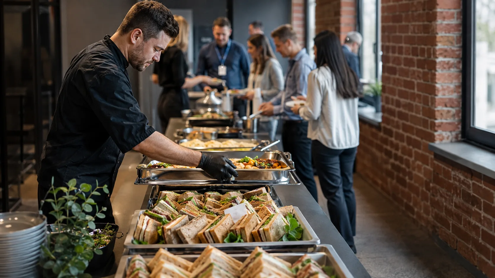 the UK caterer replenishing a training-day buffet in a brick office