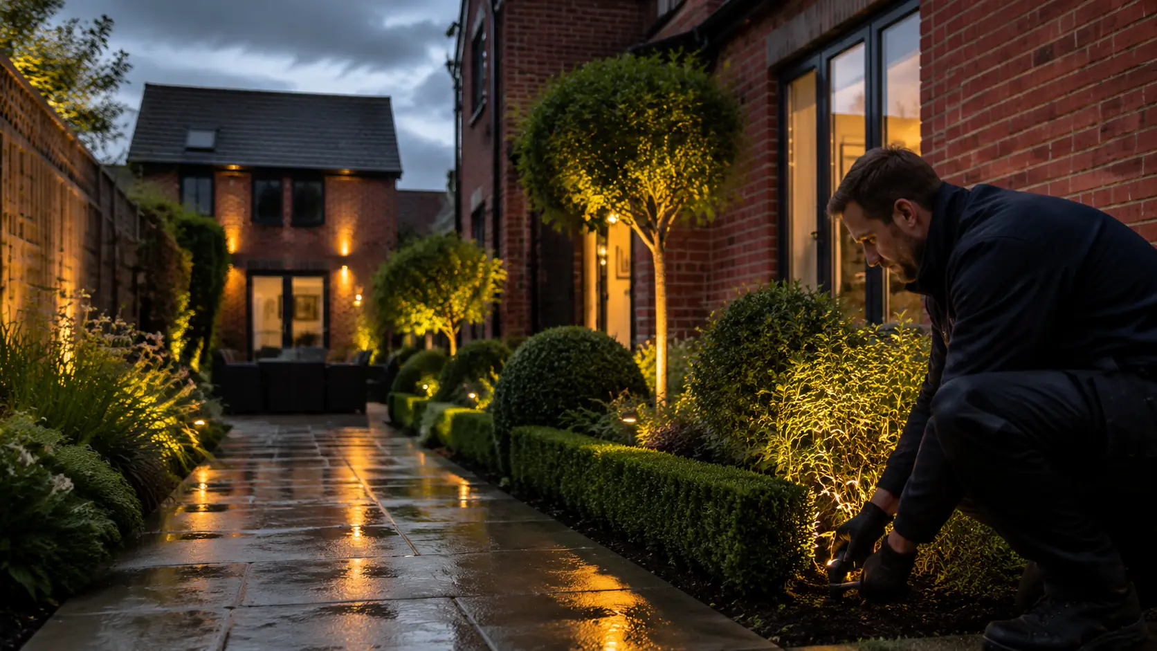 An installer fits a spotlight into a clipped hedge on a wet British path at dusk