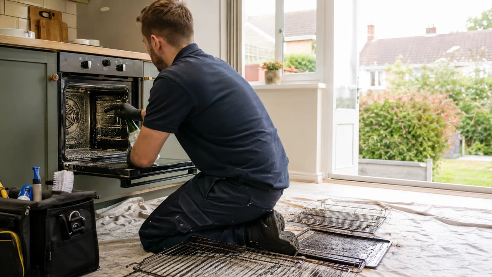 An oven cleaner lifting the racks out of a kitchen oven in the UK