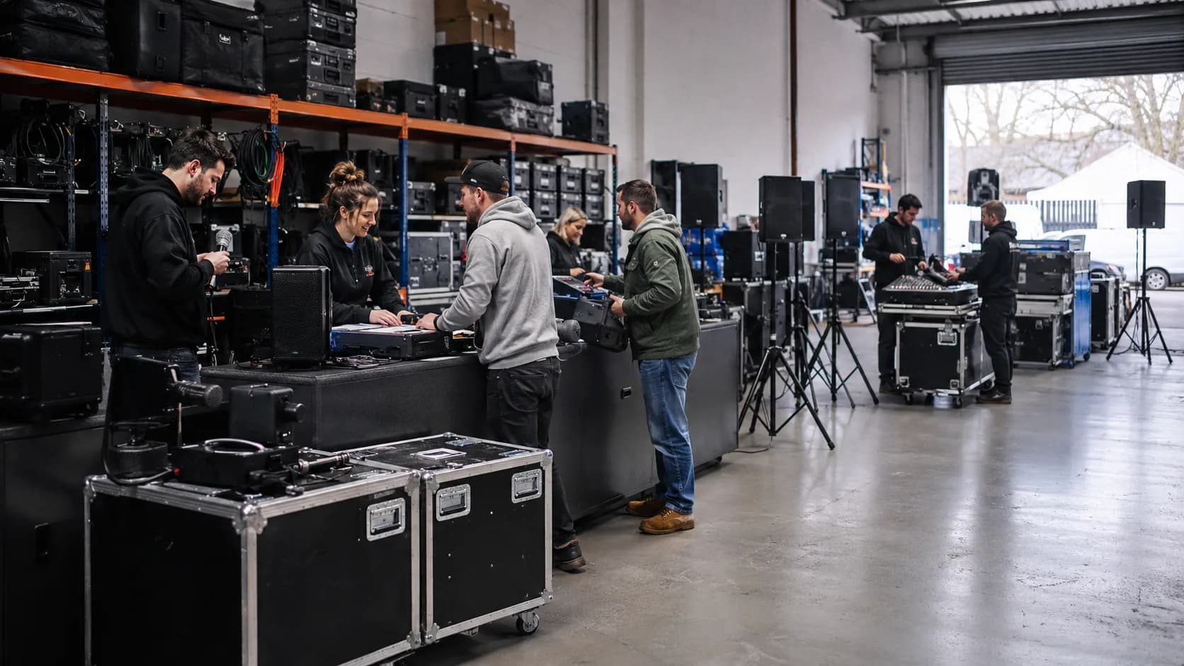 Customers collect booked speaker, mixer or microphone kit from a busy counter in the UK