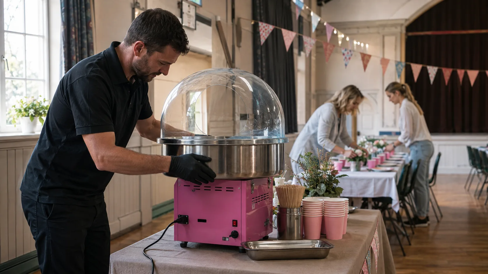 A candy floss machine and popcorn cart set up at a village summer fête in the UK