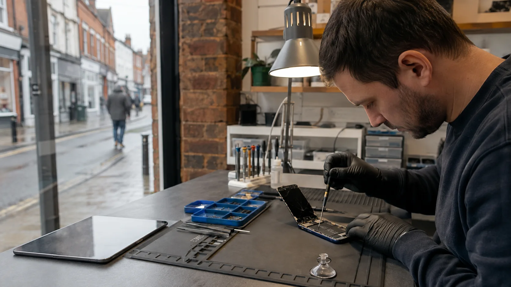 A technician replacing a phone screen at a repair bench in the UK