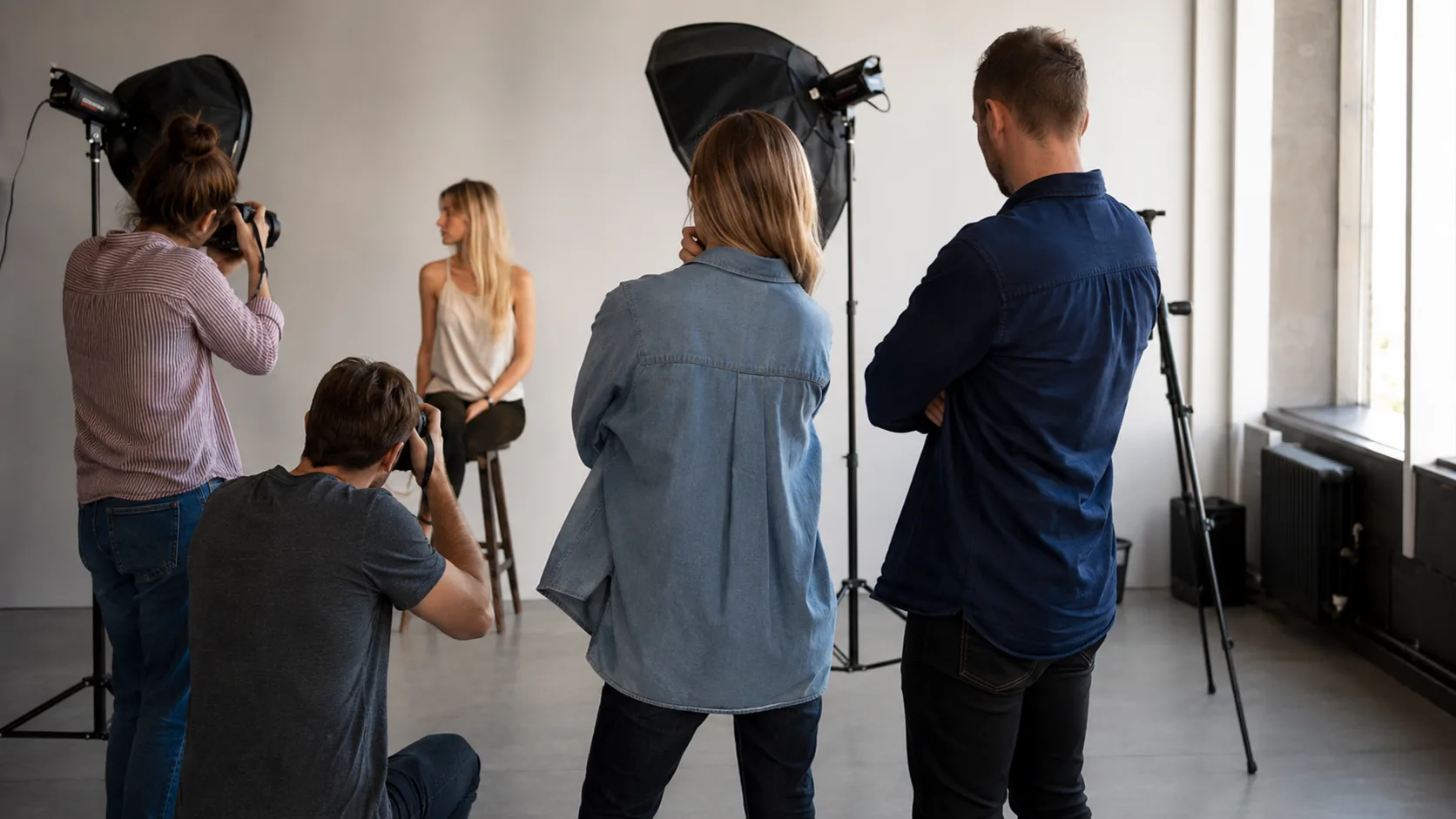 Photography class learning portrait lighting in a studio in the UK