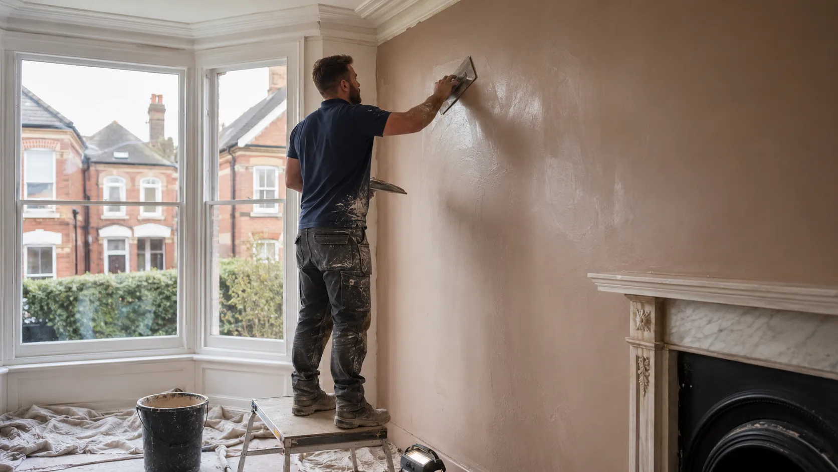 A plasterer skimming a wall inside a house in the UK
