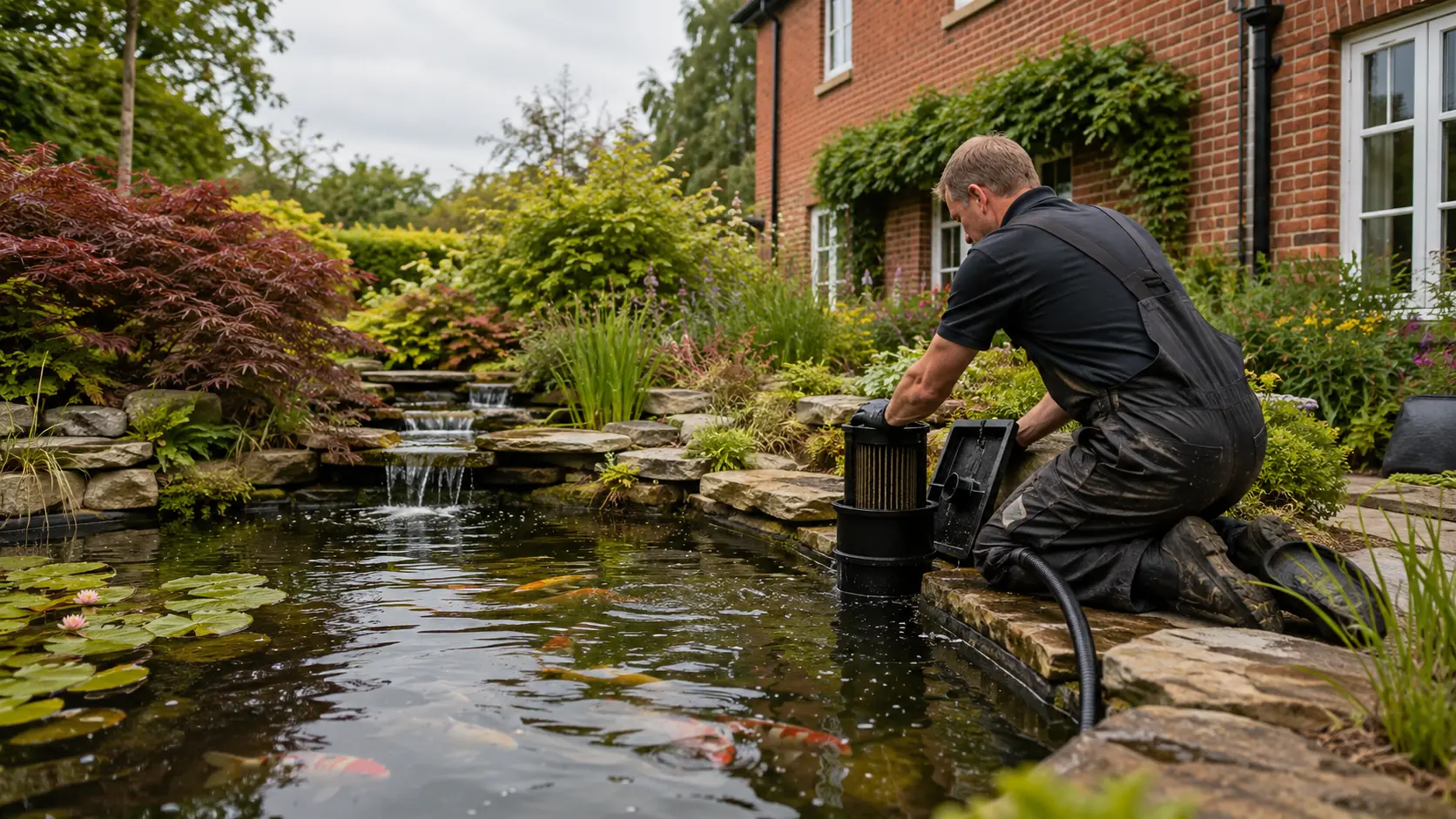 A technician lifts a pump from a koi pond behind a British brick house