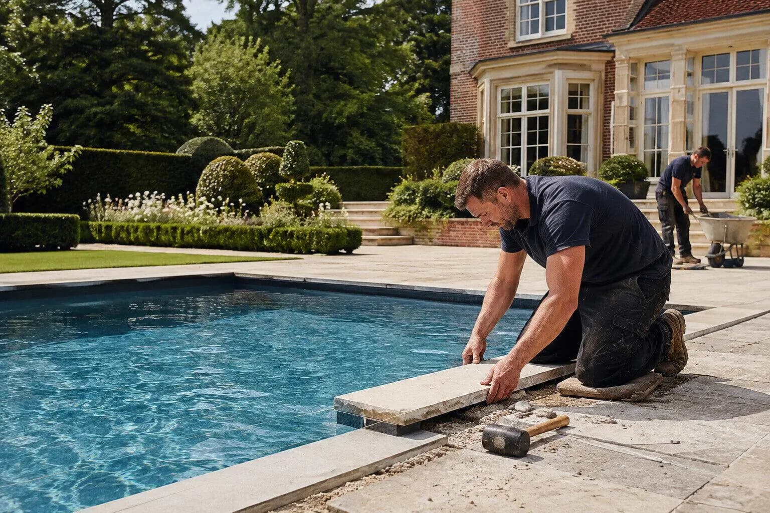 A crew shaping the shell of a new backyard pool in the UK