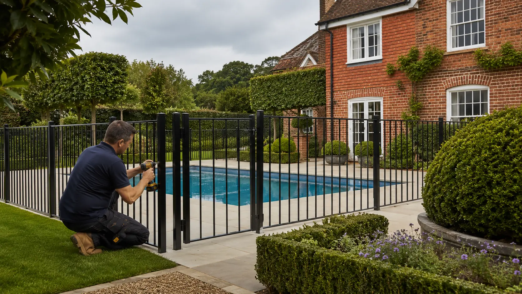 An installer fits a black metal pool fence in a walled British garden