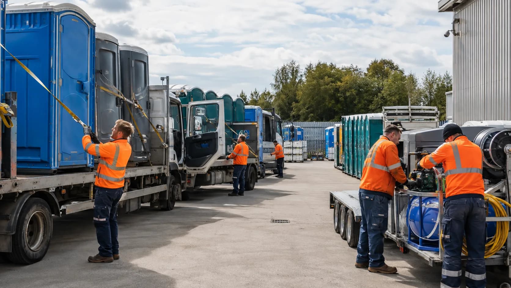 Customers collect booked portable toilet unit model from a busy counter in the UK