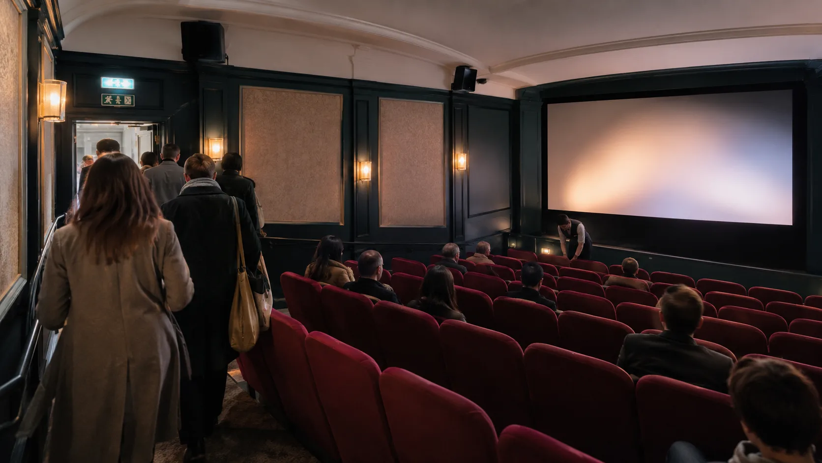 Guests enter a classic private cinema for an evening screening