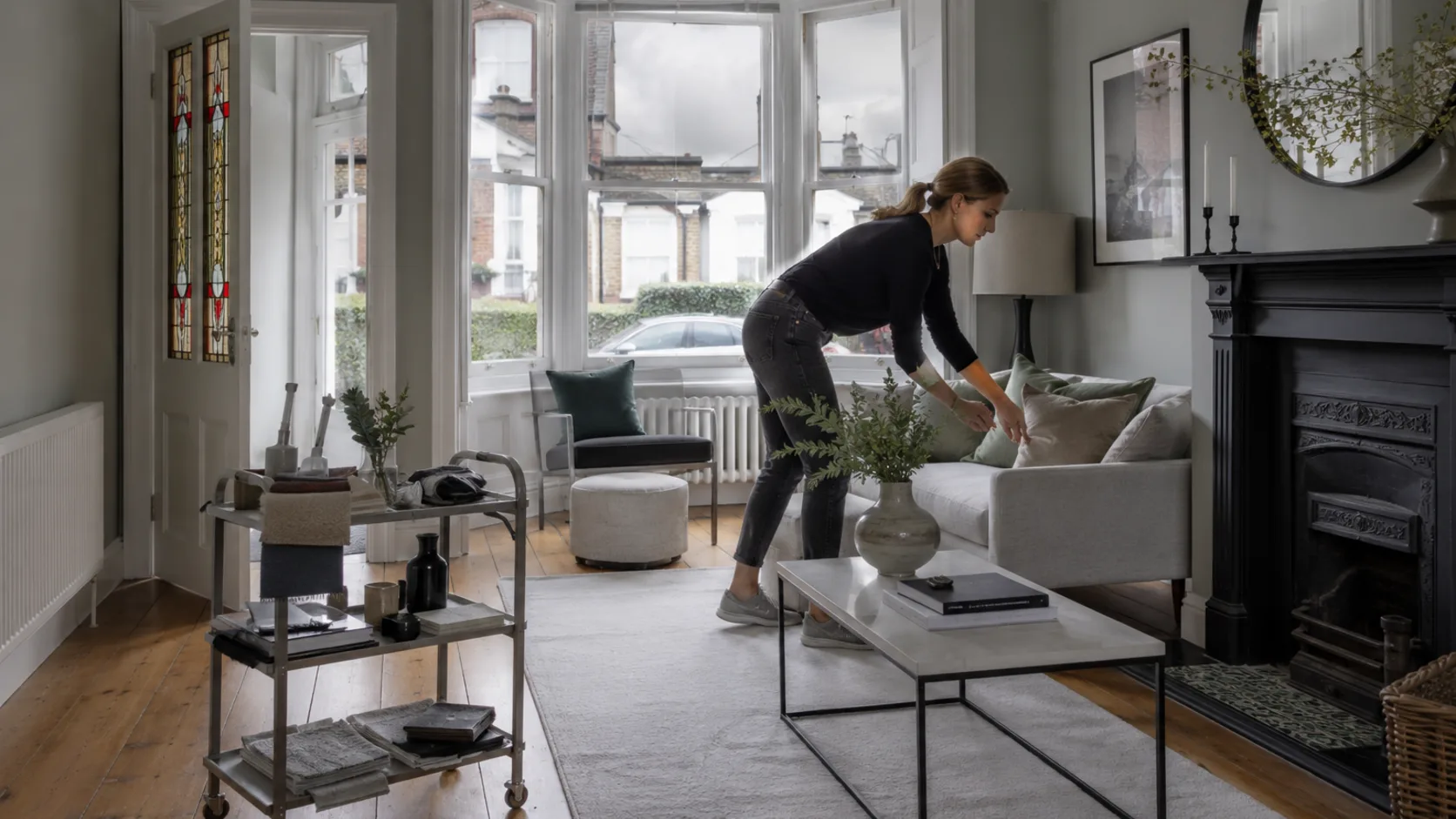 A stylist dressing an empty living room for sale in the UK