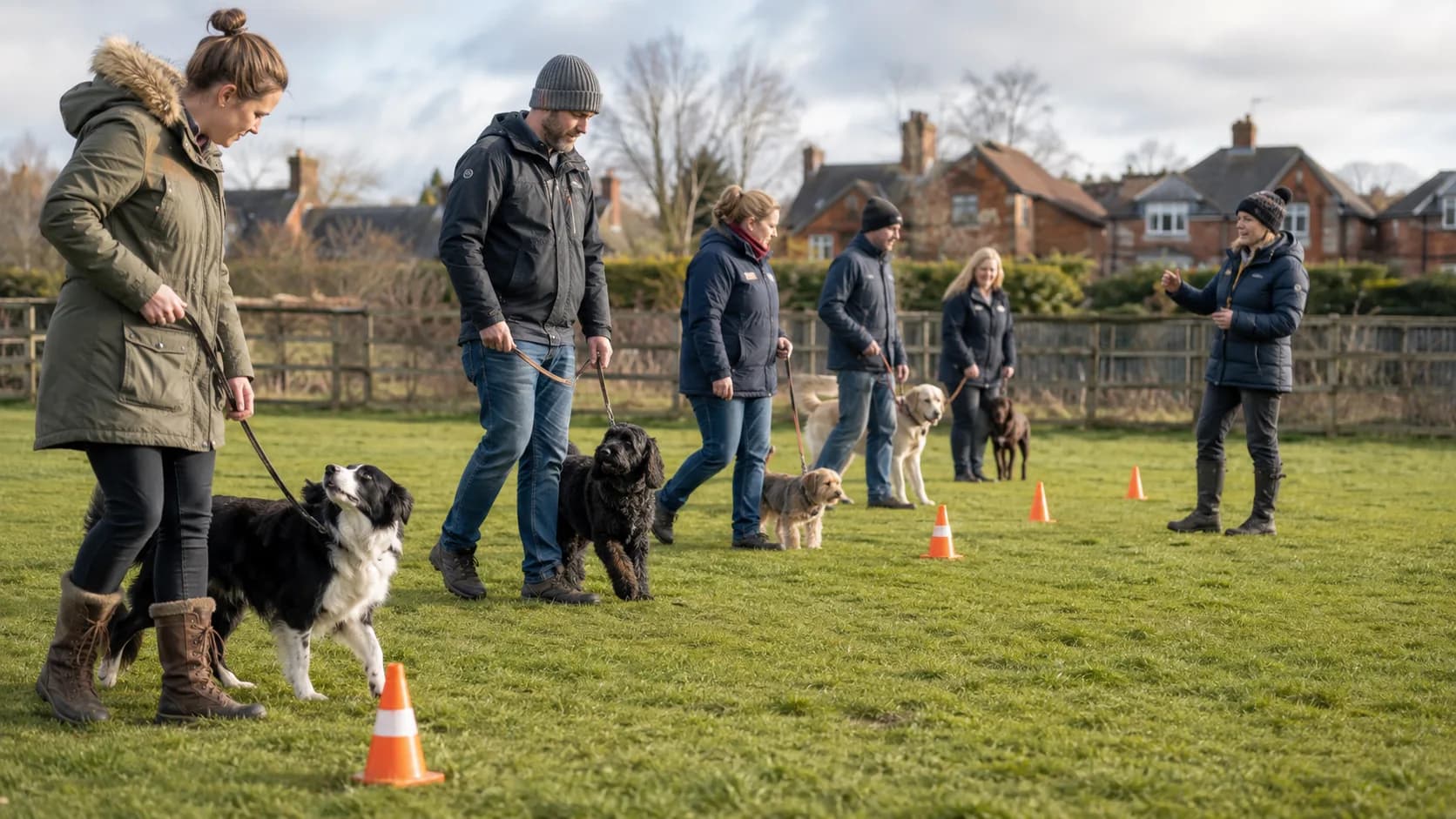 Owners practise loose-lead walking during a puppy dog training class in the UK
