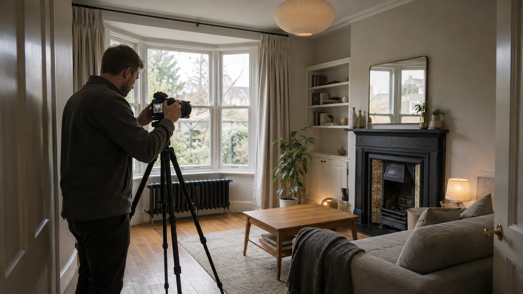 A photographer shoots a bay-window sitting room with a fireplace in a British home