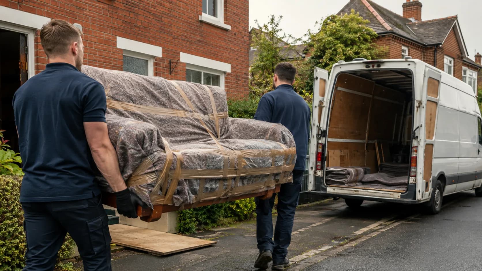 A moving crew carrying a sofa into a truck outside a home in the UK