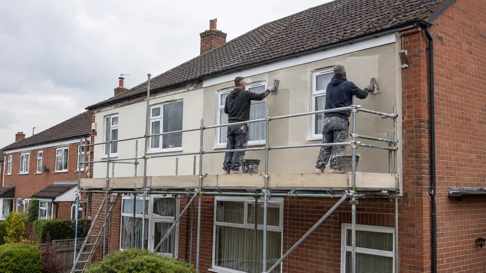 A renderer floating a coat of render onto a house wall in the UK