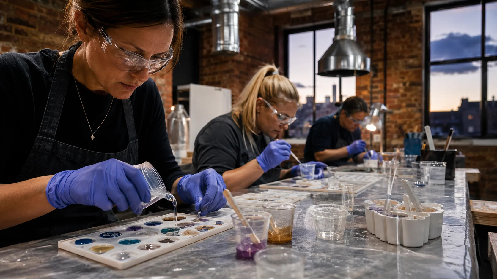 An artist tutor guides a resin pour at ventilated workshop stations in the UK