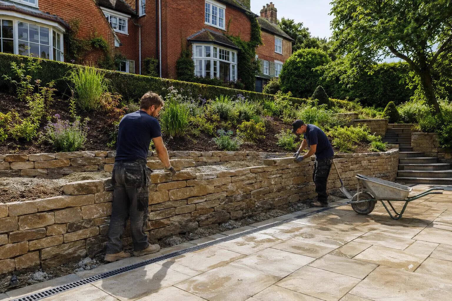 A builder setting a retaining wall in a sloping back garden in the UK