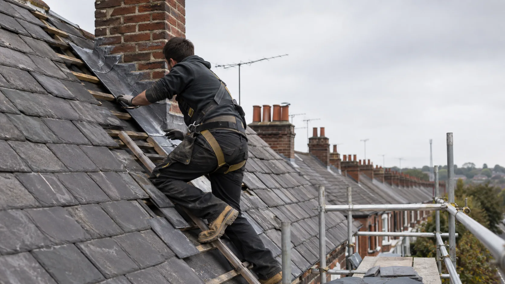 A roofer at work on a house roof in the UK